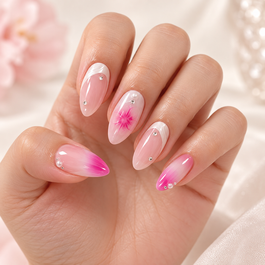 Pink Purple Ice Flower Pearl French Press On Nail Set