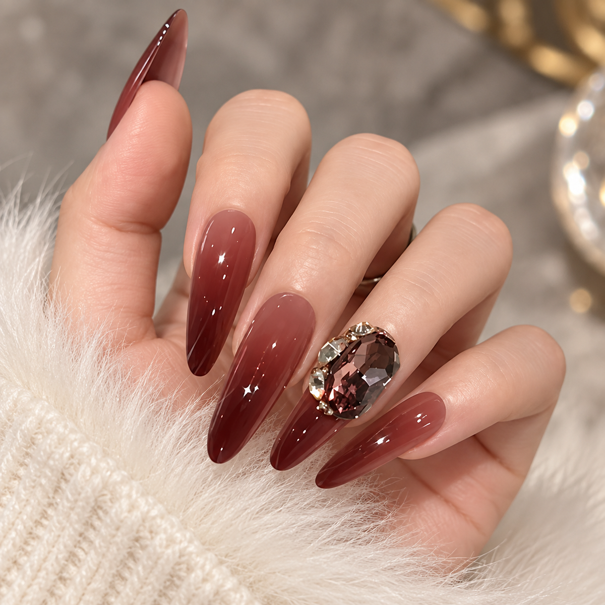 Dark Red Ruby Ombre Rhinestone Press On Nail Set
