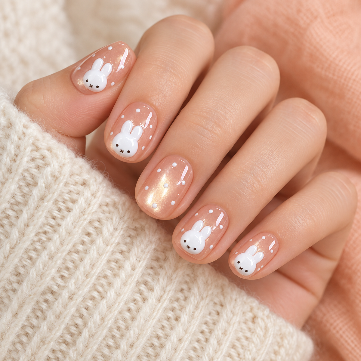 Creamy Bunny Polka Dot Cat Eye Press On Nail Set