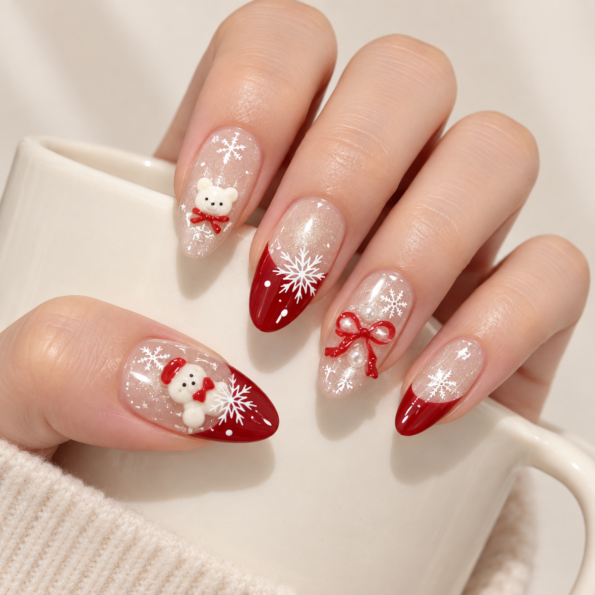 Milky Apricot Christmas Bear Press On Nail Set