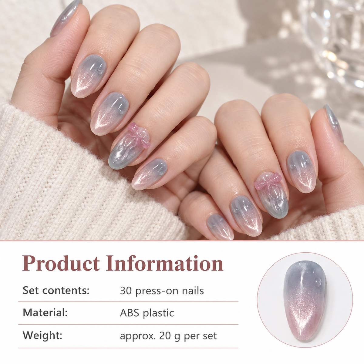 Icy Blue Cat Eye Bubble Bow Press On Nail Set