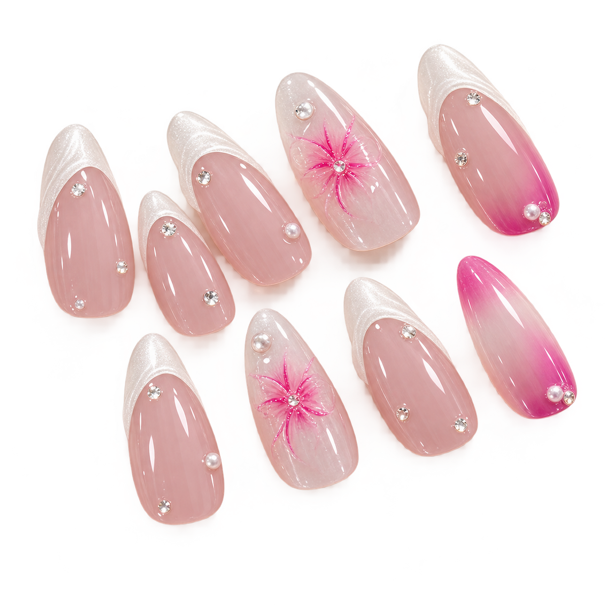 Pink Purple Ice Flower Pearl French Press On Nail Set
