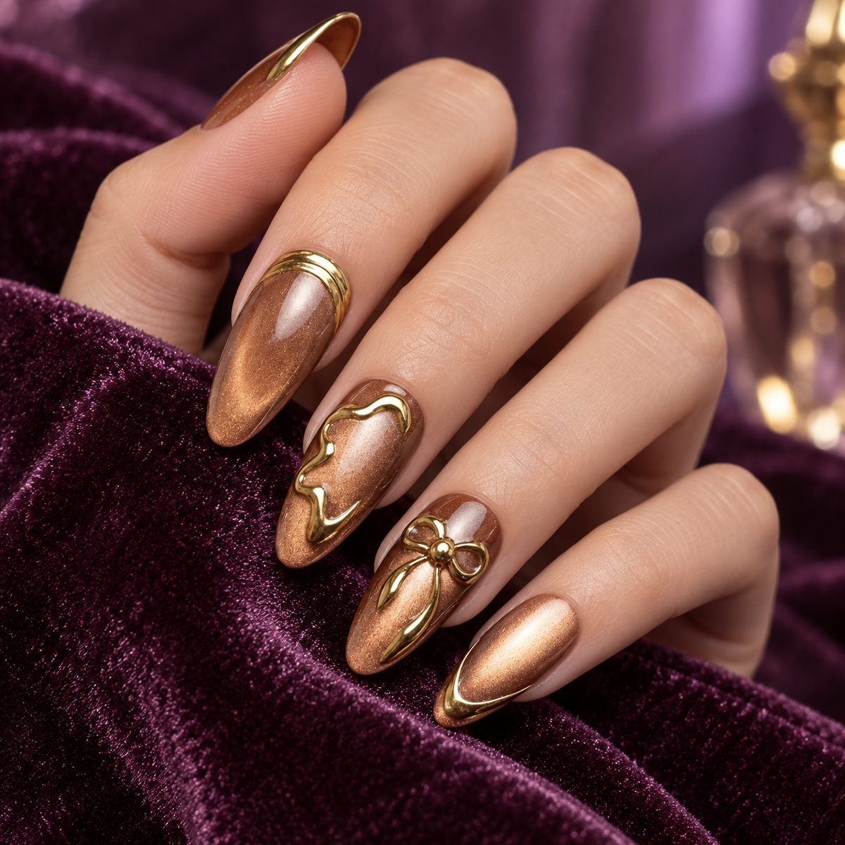 Gilded Mirage Cat Eye Bow Press On Nail Set