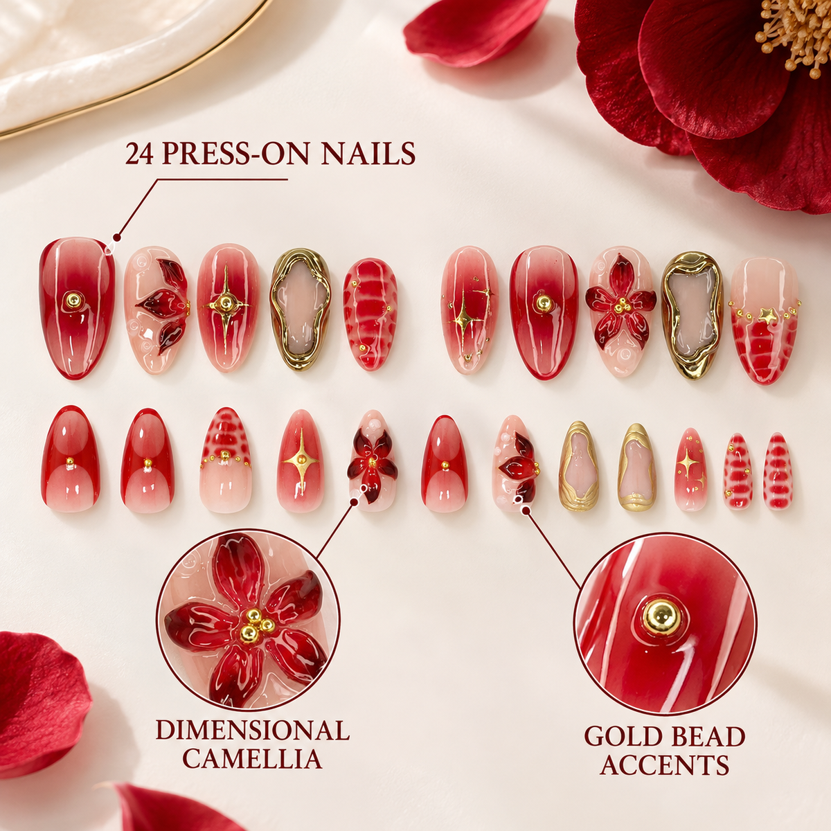 Crimson Camellia Gold Bead Press On Nail Set