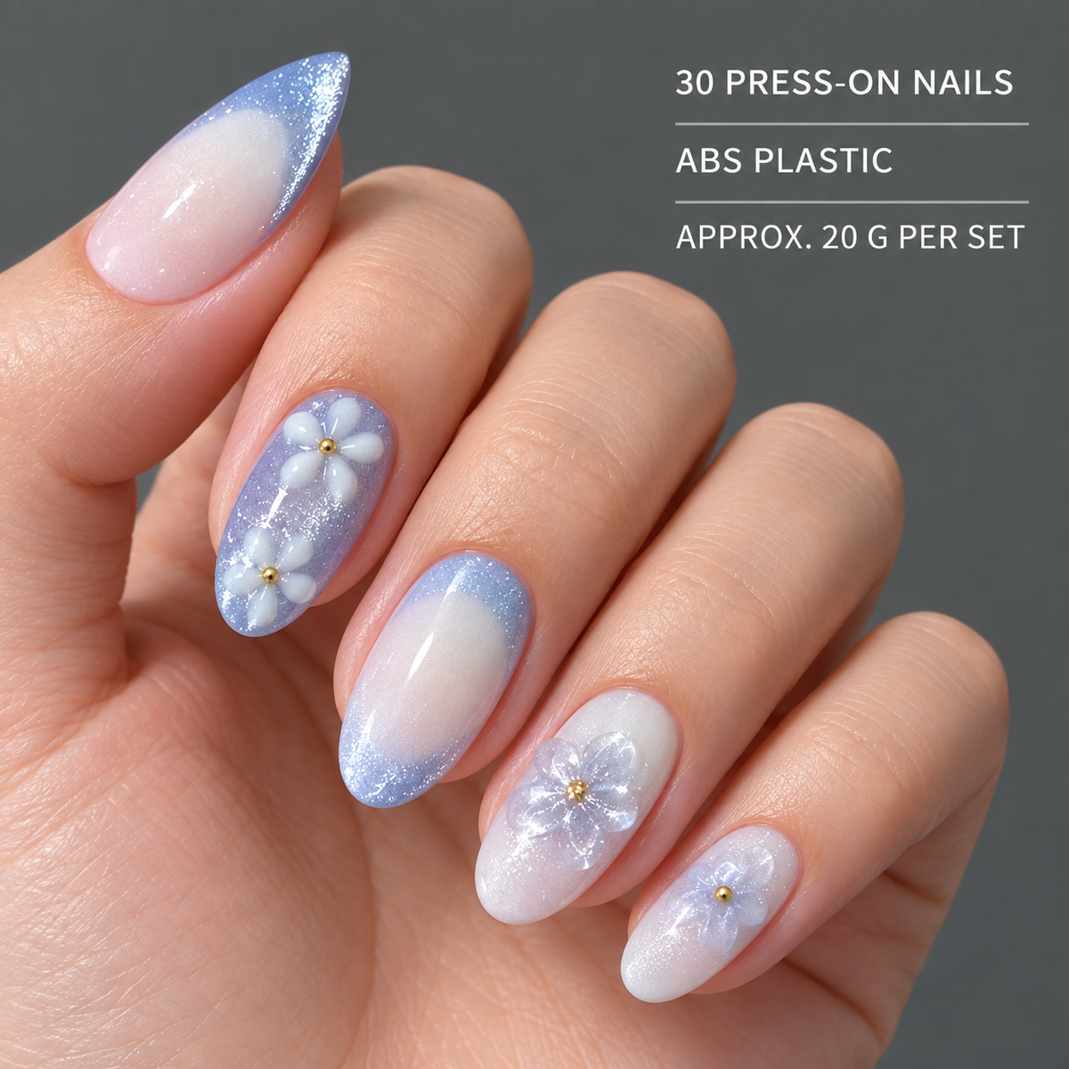 Romantic Flower Sea Icy Blue Cat Eye Press On Nail Set