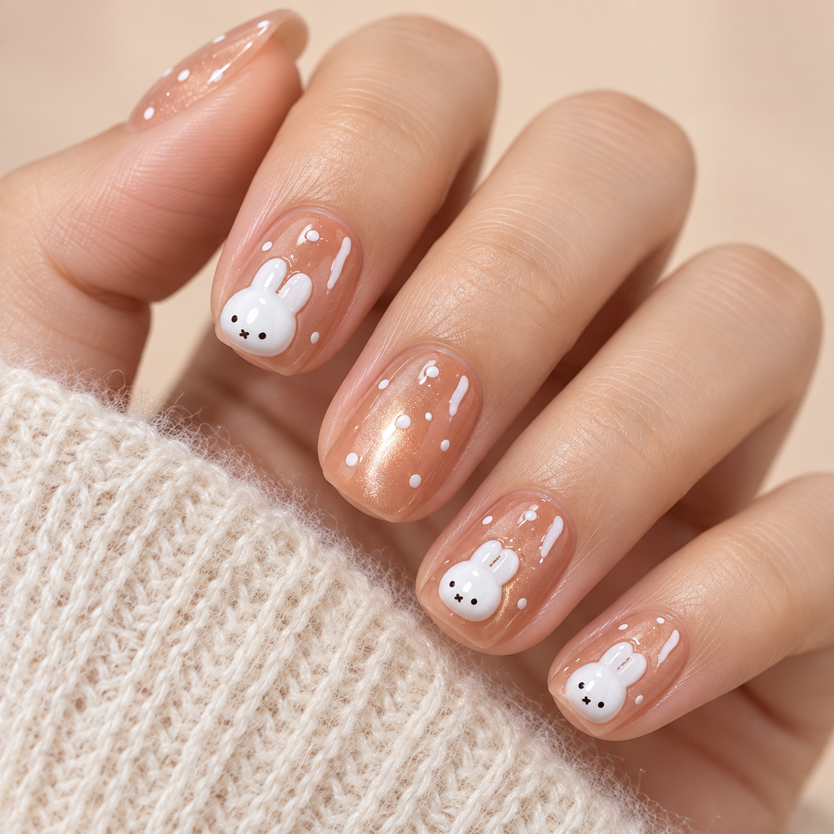 Creamy Bunny Polka Dot Cat Eye Press On Nail Set