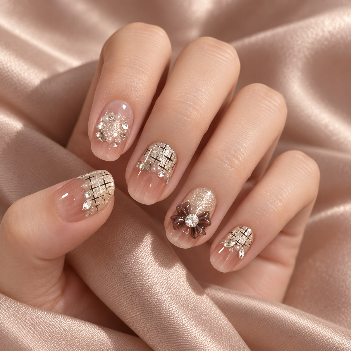 Blush Cat Eye Bow Crystal Press On Nail Set