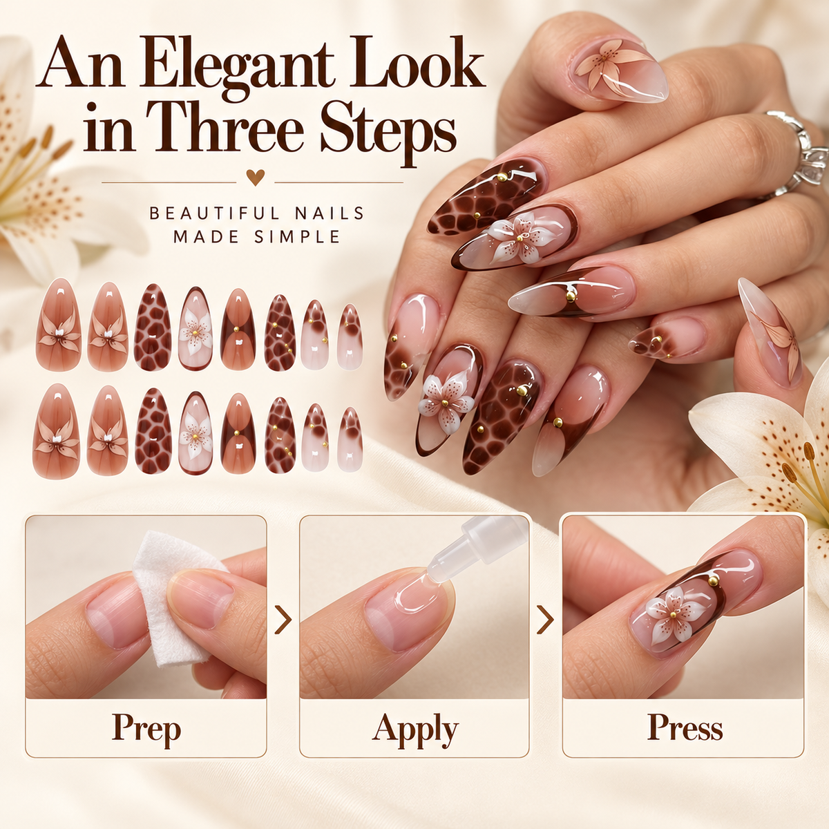 Vintage Brown Lily Almond Press On Nails - replacement image 3