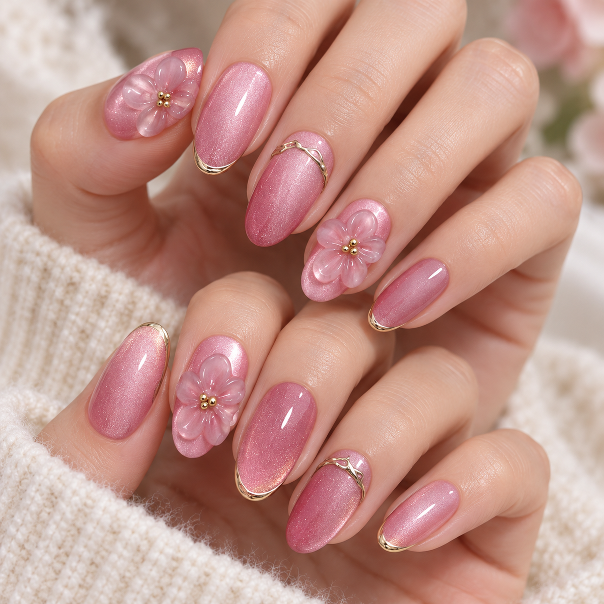 Pink Purple Gilded Floral Cat Eye Press On Nail Set