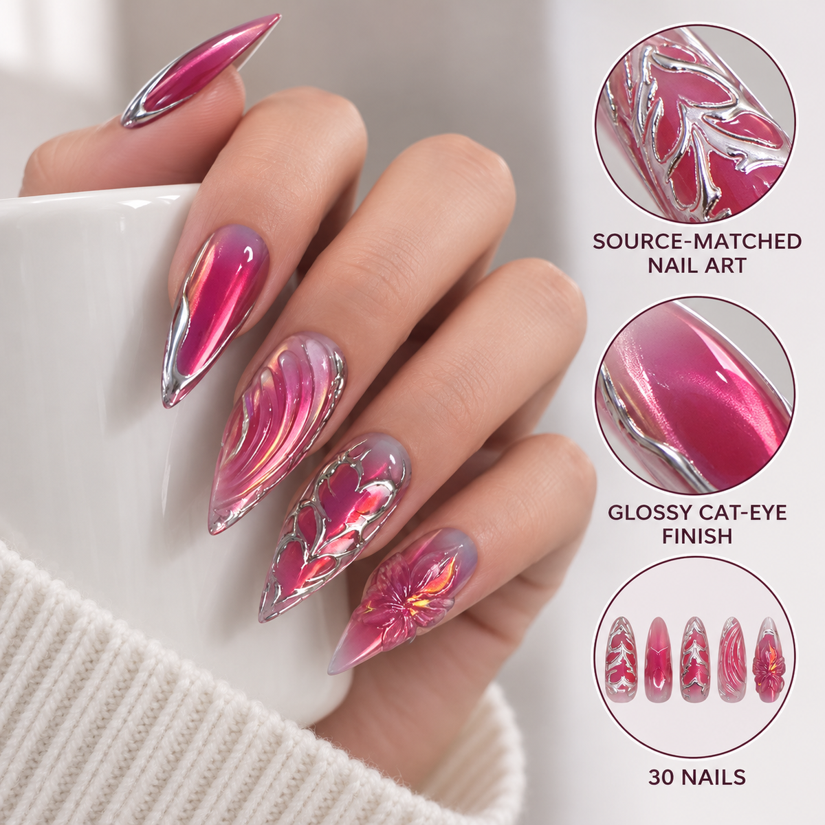 Silver Feather Liquid Chrome Wave Press On Nail Set