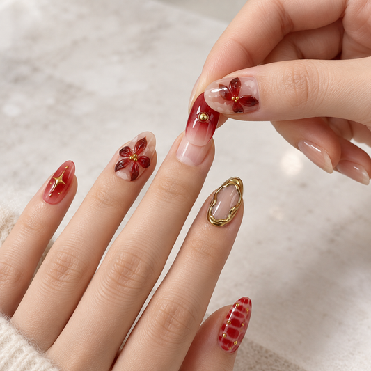 Crimson Camellia Gold Bead Press On Nail Set
