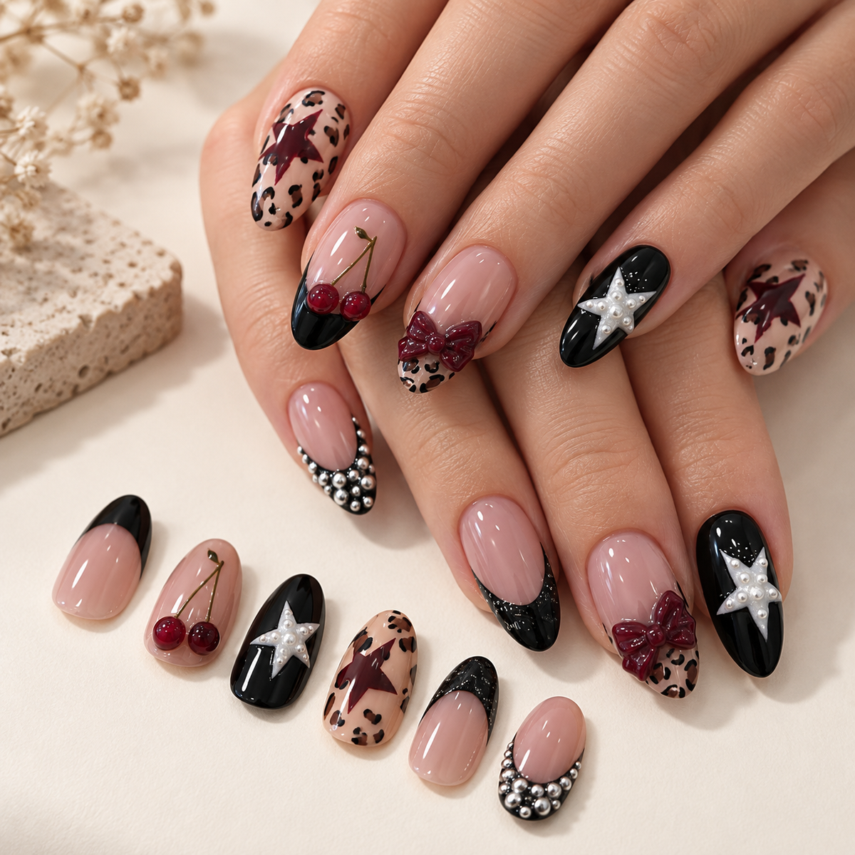 Summer Cherry Pearl Starlight Press On Nail Set