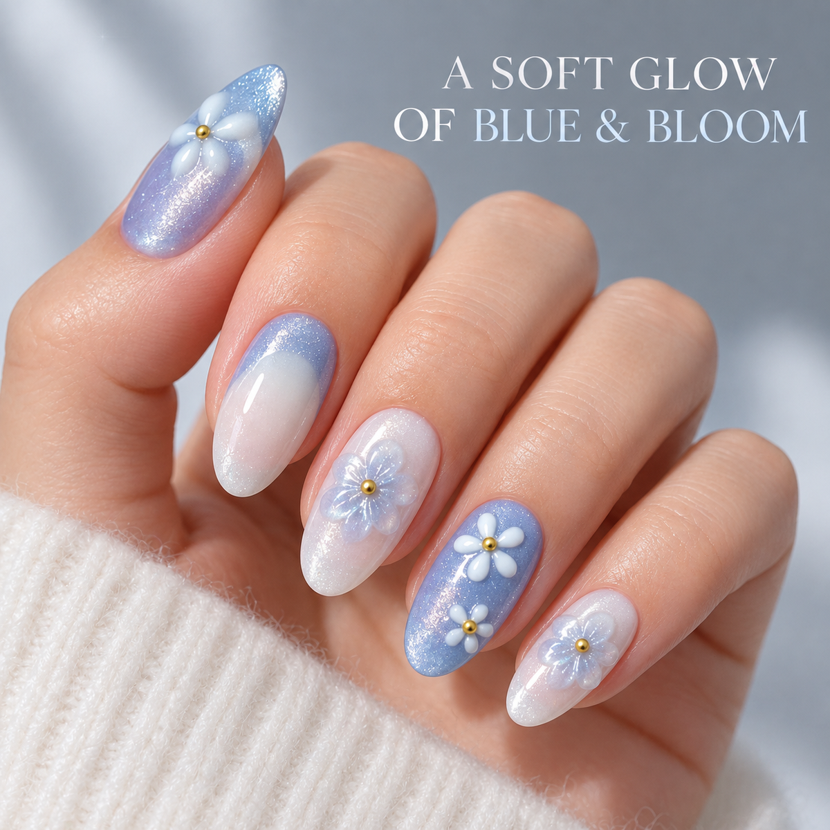 Romantic Flower Sea Icy Blue Cat Eye Press On Nail Set