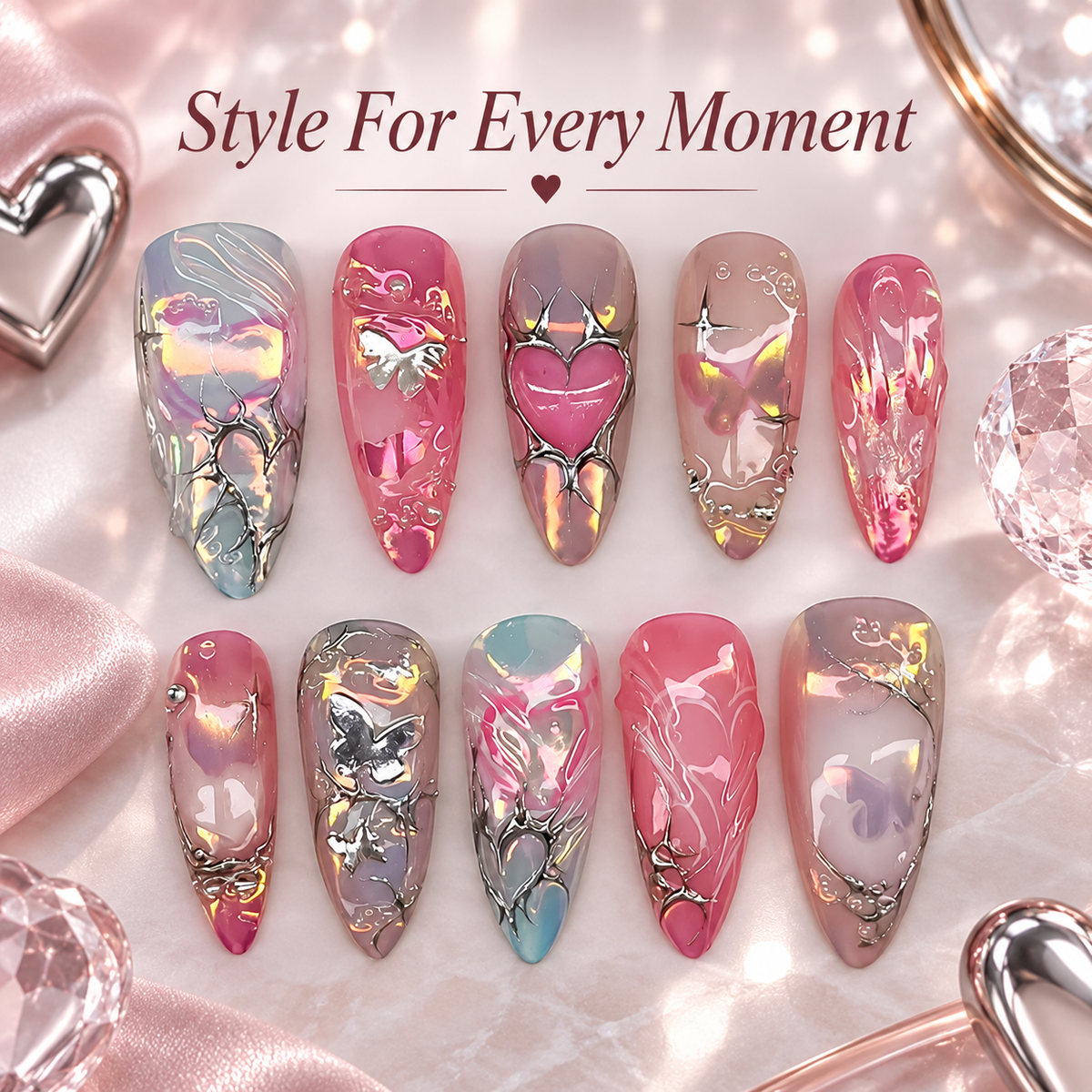 Silver Heart Gradient Metallic Press On Nails - image 5