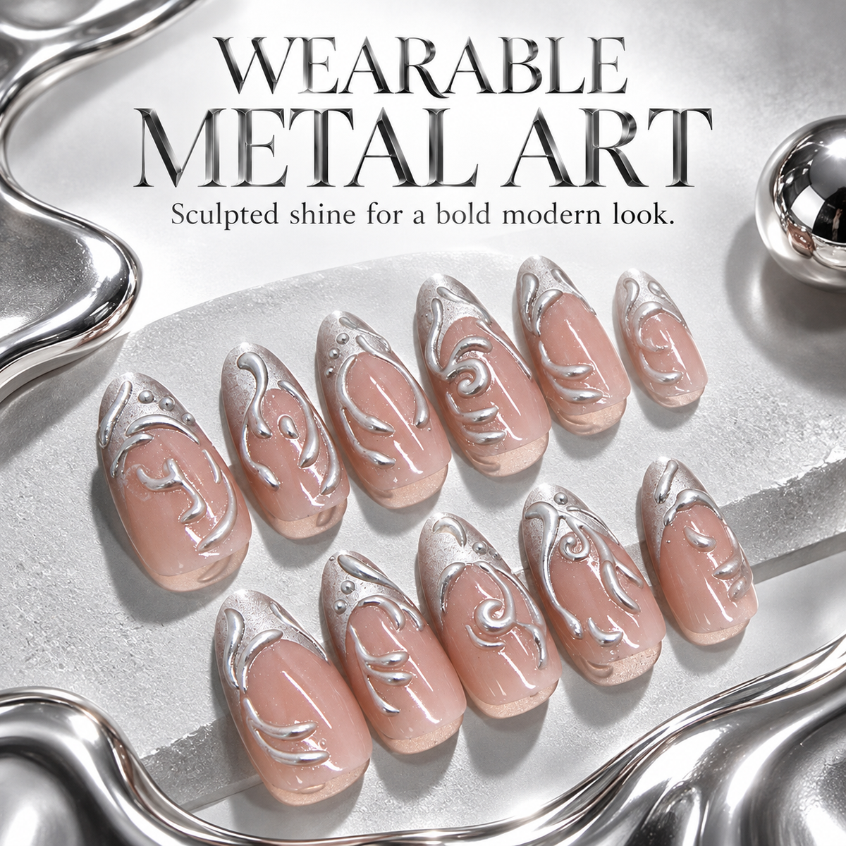 Liquid Silver Sculpted Press On Nails - image 6
