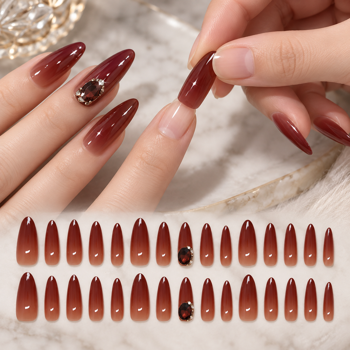 Dark Red Ruby Ombre Rhinestone Press On Nail Set