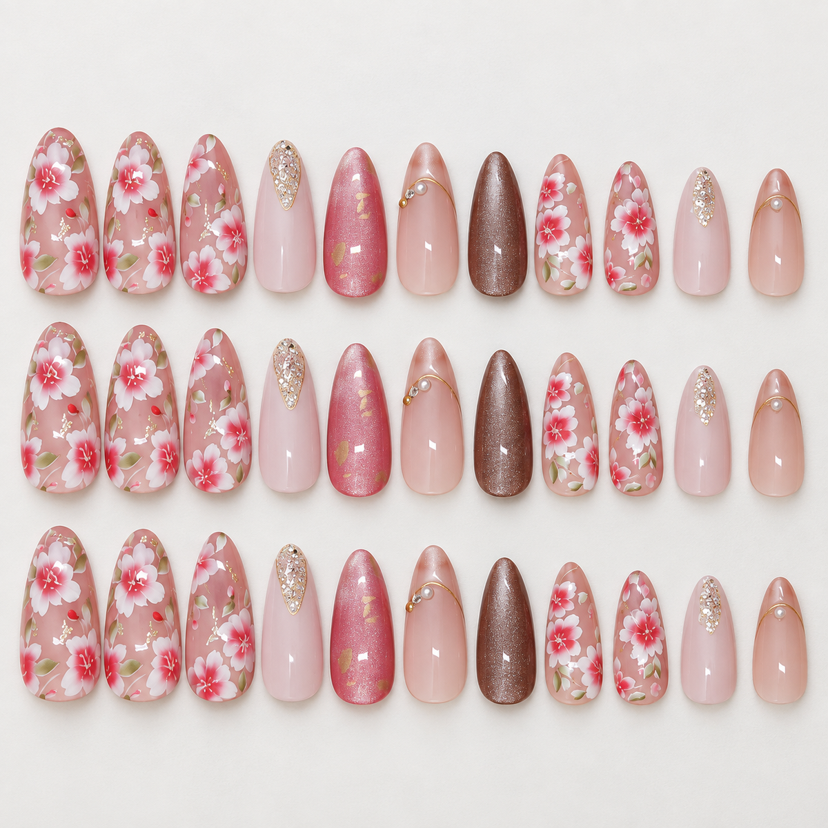 Peach Blossom Cat Eye Rhinestone Press On Nail Set