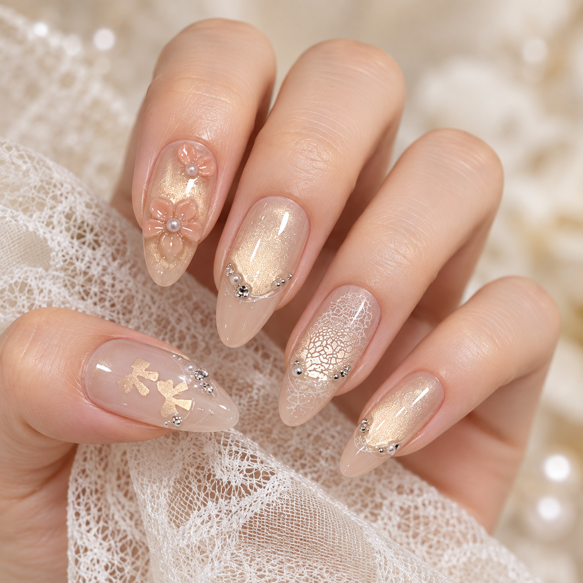 Gardenia Pearl Diamond Cat Eye Press On Nail Set