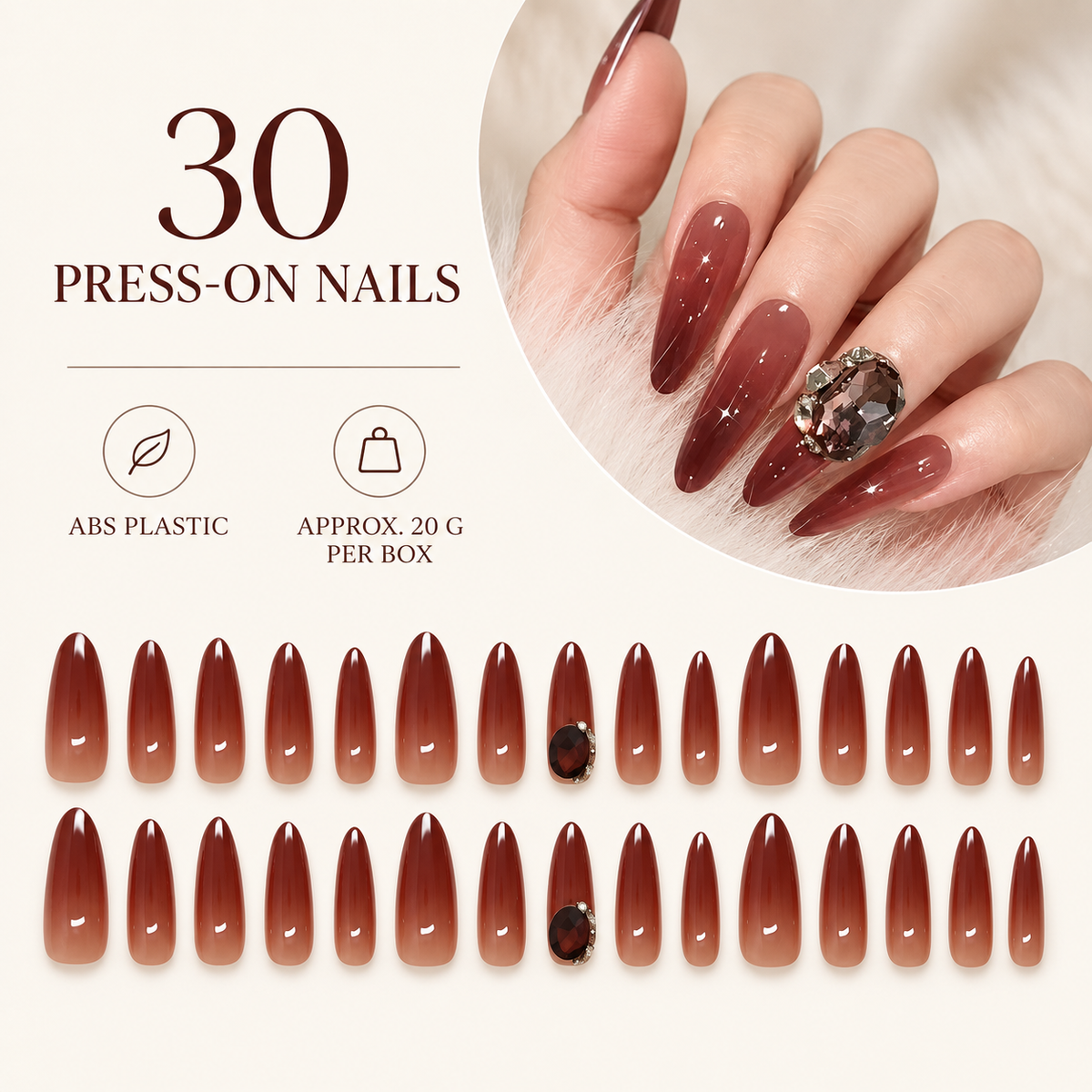 Dark Red Ruby Ombre Rhinestone Press On Nail Set