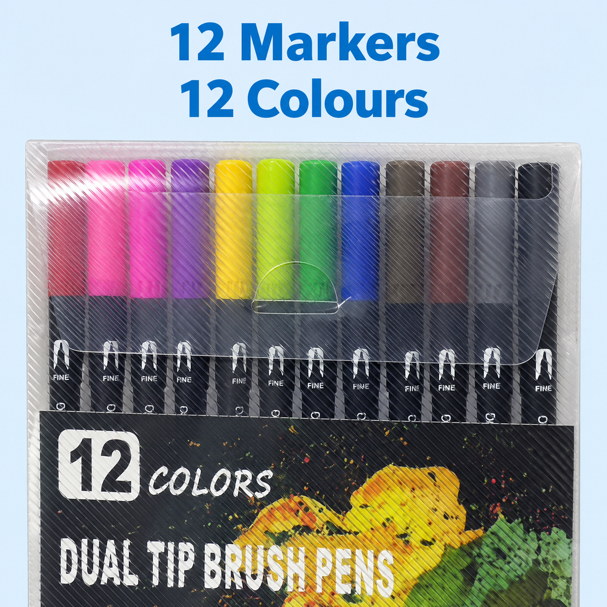Dual-Tip Brush Pen Set, 12 Colours – Black Barrels 3