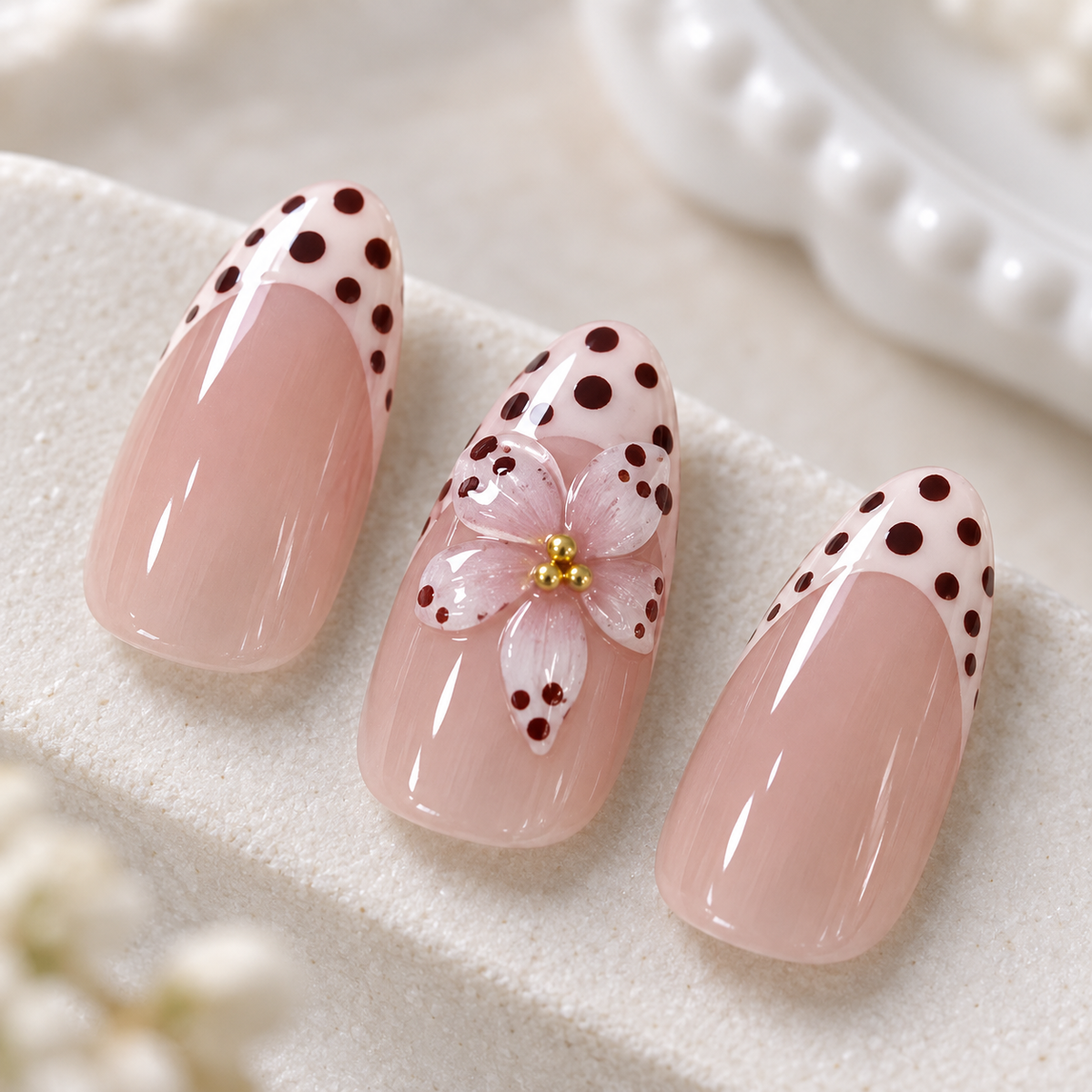 Matcha Polka Dot Floral Press On Nail Set