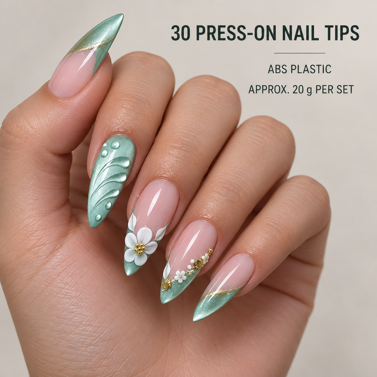 Misty Forest Green Seashell Floral Cat Eye Press On Nail Set · mproduct-89a252043d4faeecf750