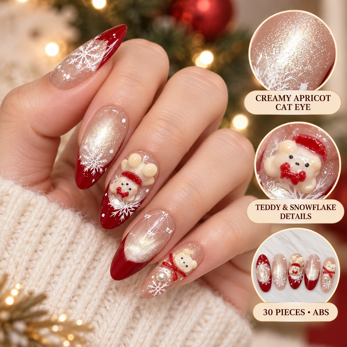 Creamy Apricot Christmas Teddy Cat Eye Press On Nail Set · mproduct-db10e2495000fc0fa41b