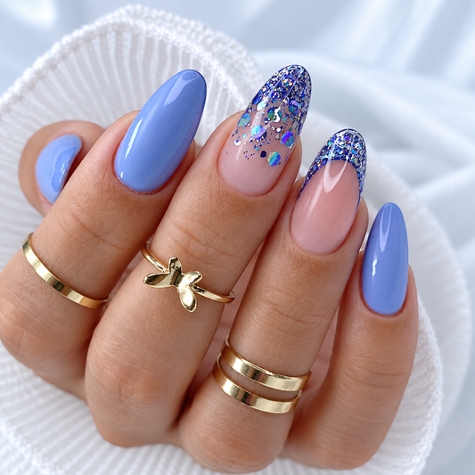 Lake Blue Glitter Almond Press On Nail Set