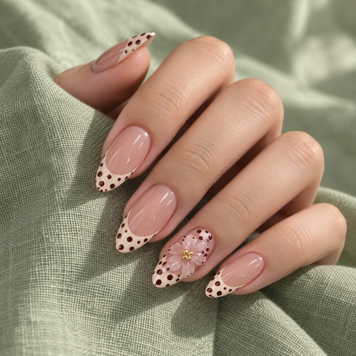 Matcha Polka Dot Floral Press On Nail Set