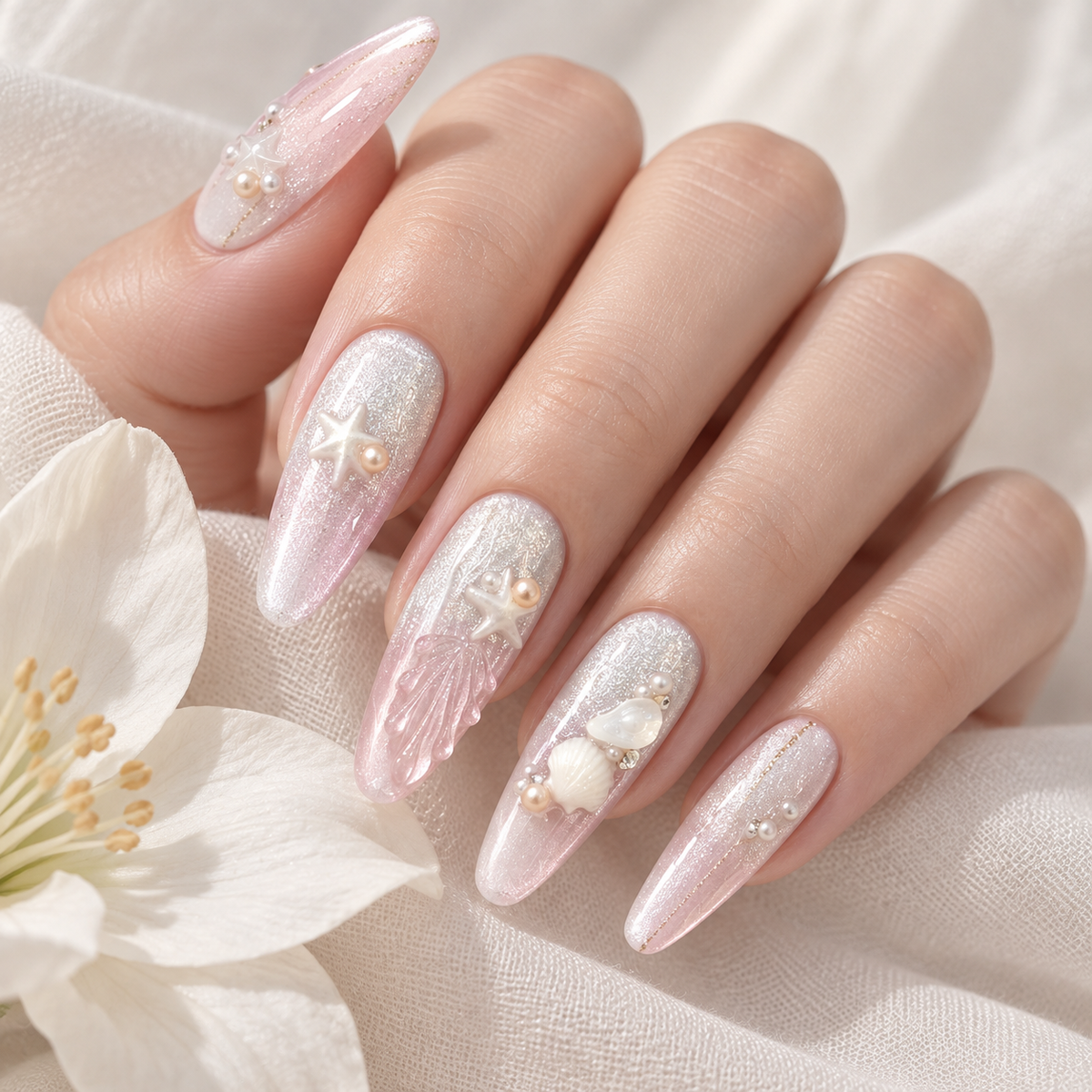 Icy Pink Seashell Cat Eye Press On Nail Set