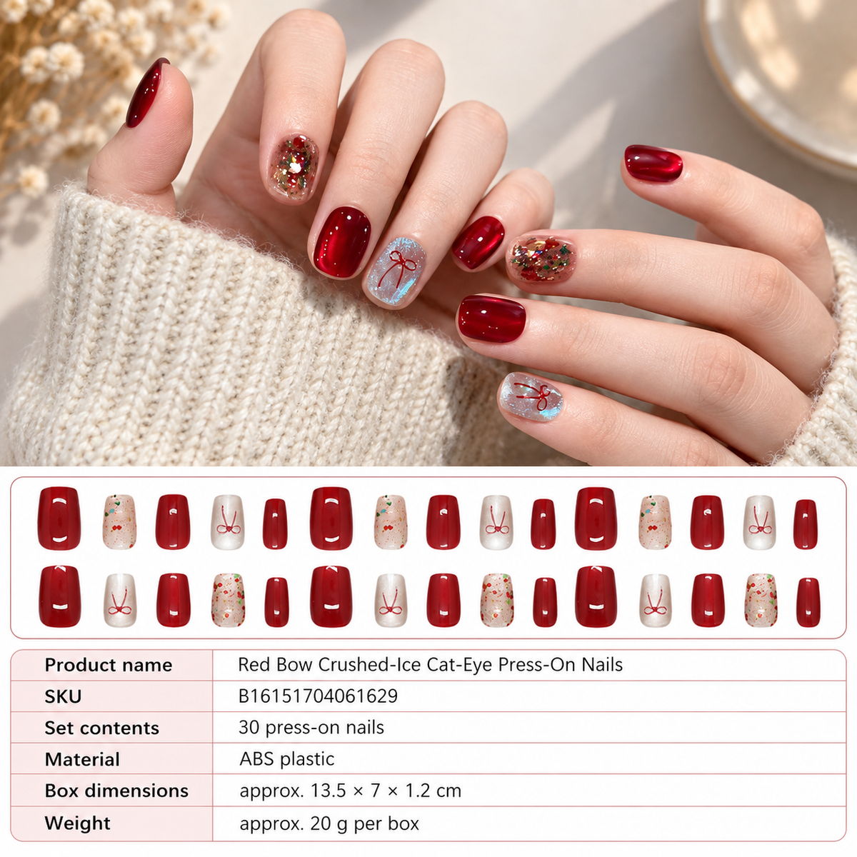 Red Bow Crushed Ice Cat Eye Press On Nail Set