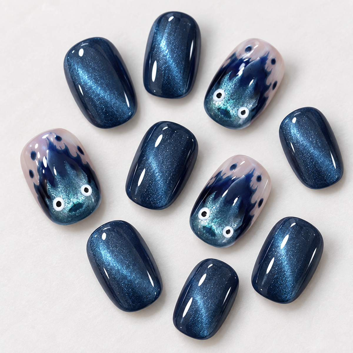 Indigo Devil Flame Cat Eye Press On Nail Set