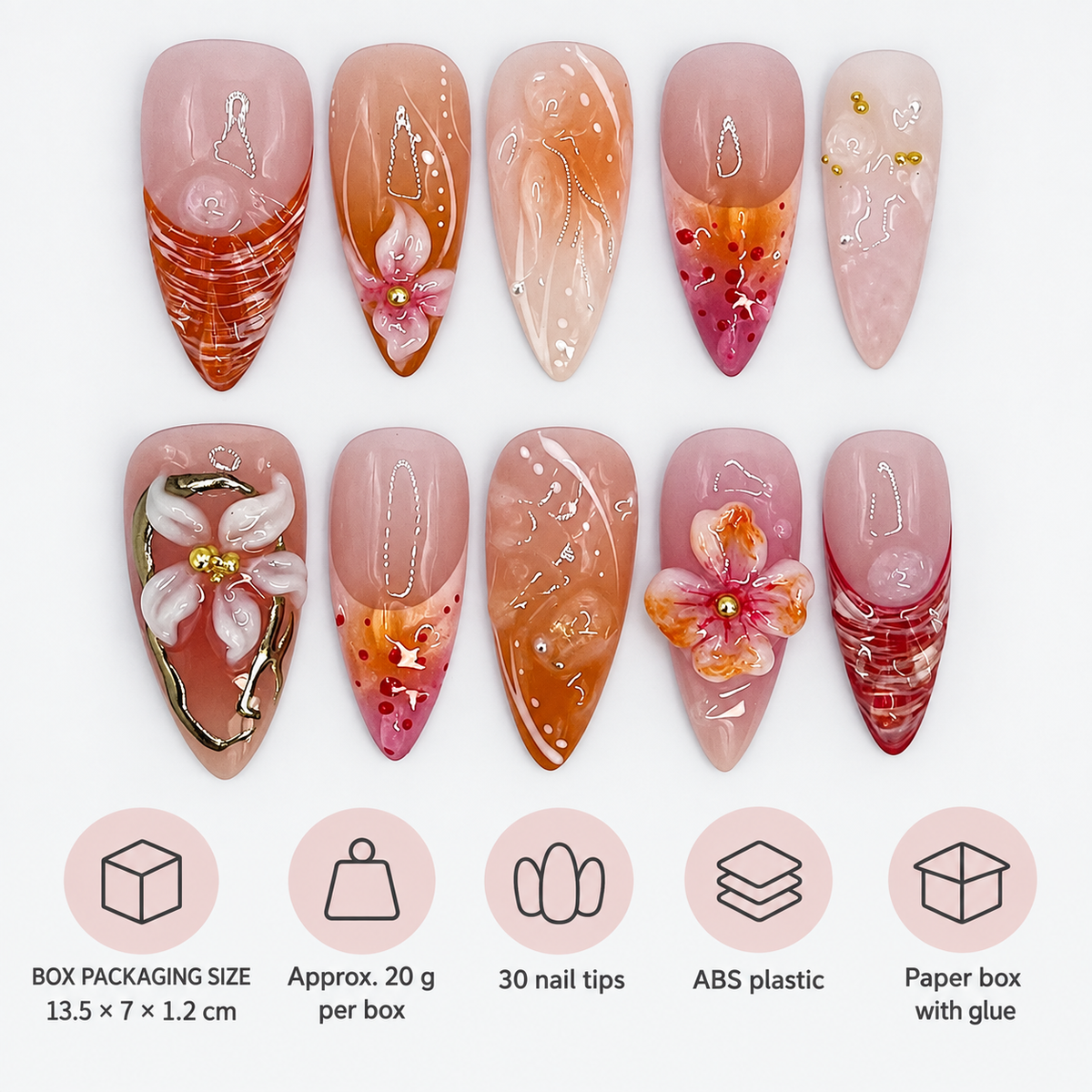 Pink Floral French Press On Nails 30 Piece Set - image 3