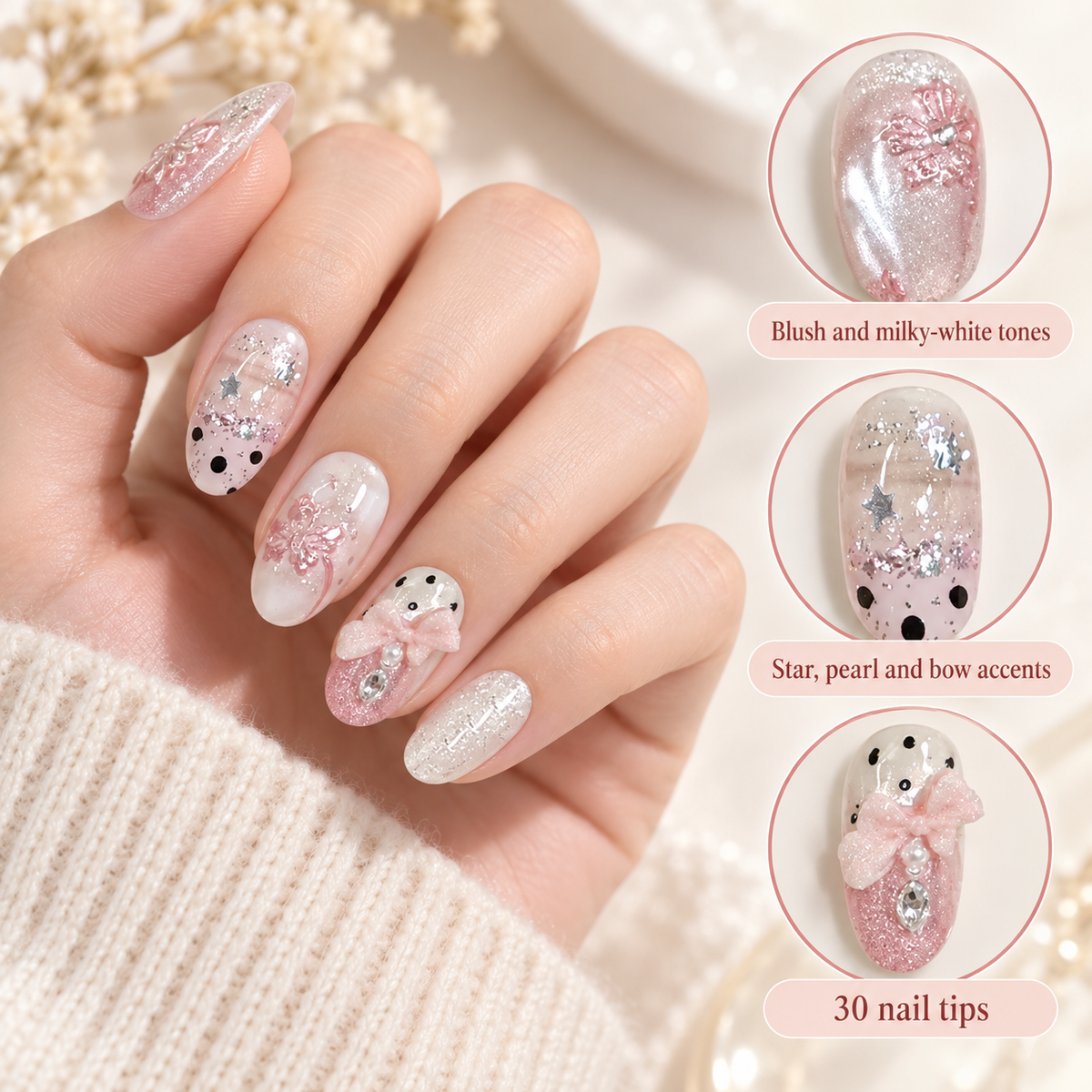 Misty Pink White Tea Pearl Press On Nail Set