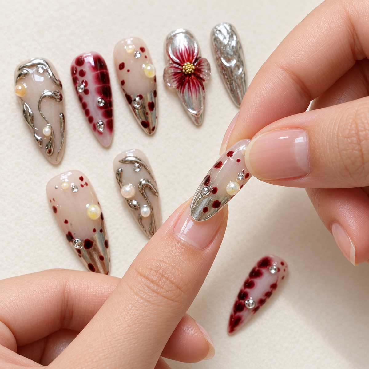 Midnight Silver Aurora Floral Press On Nail Set