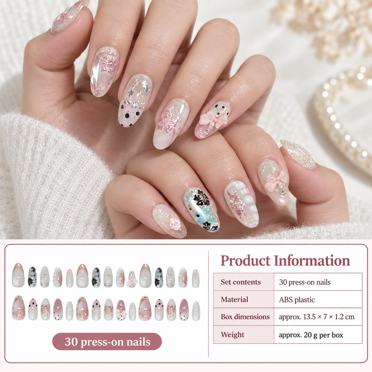 Misty Pink White Tea Pearl Press On Nail Set