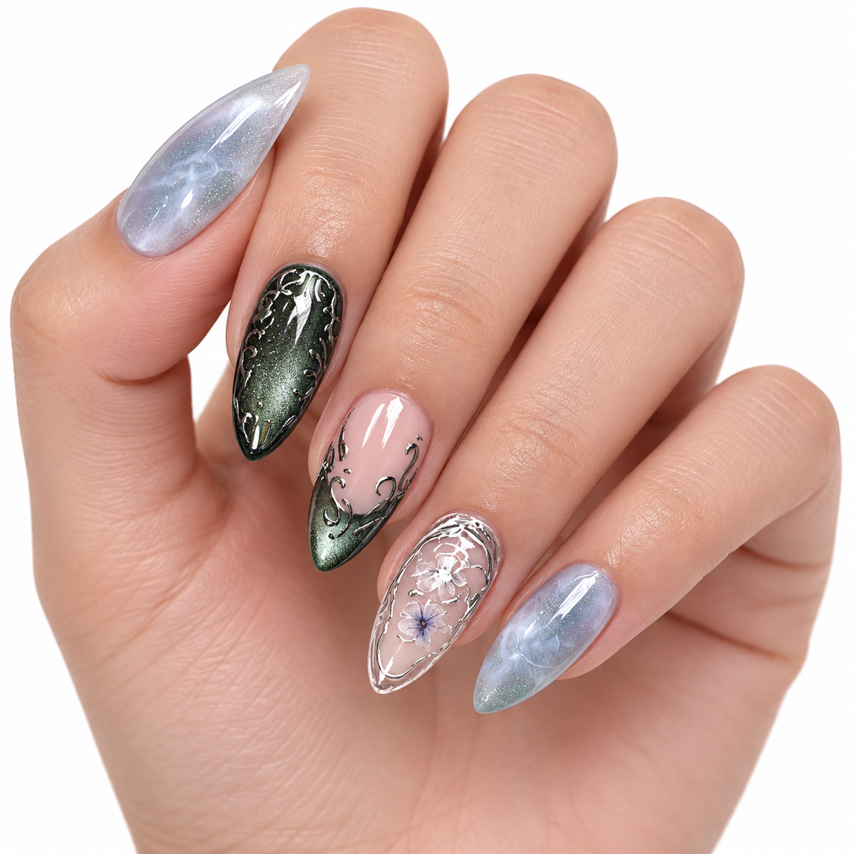 Olive Green Peach Tea Cat Eye Press On Nail Set