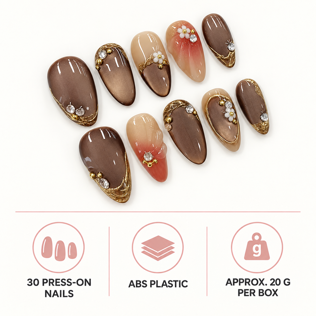 Gilded Charm Cat Eye Floral Press On Nail Set