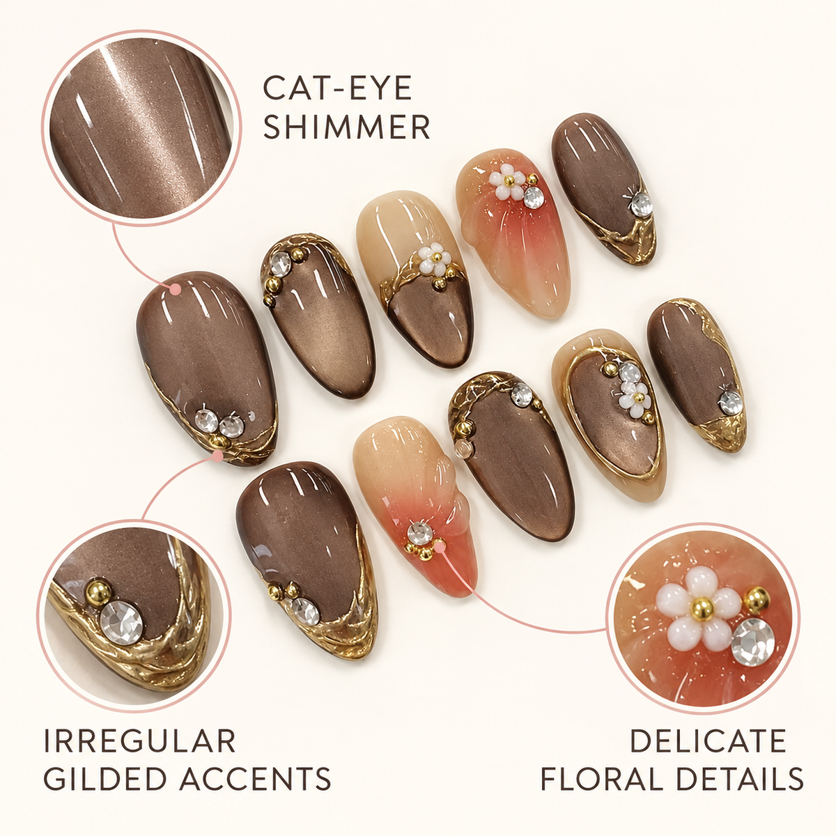 Gilded Charm Cat Eye Floral Press On Nail Set