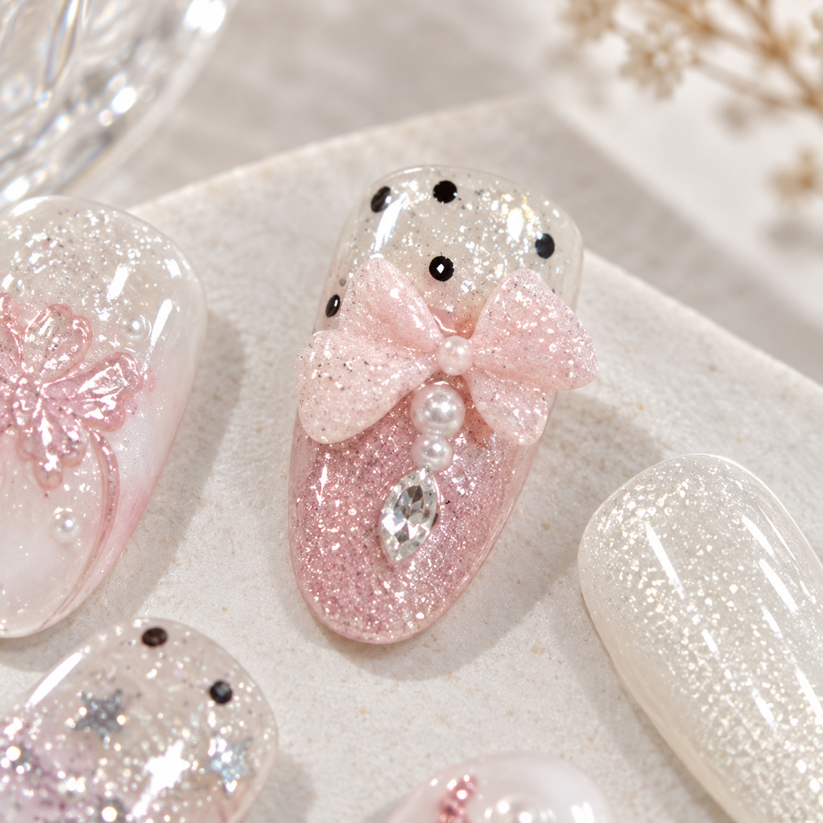 Misty Pink White Tea Pearl Press On Nail Set