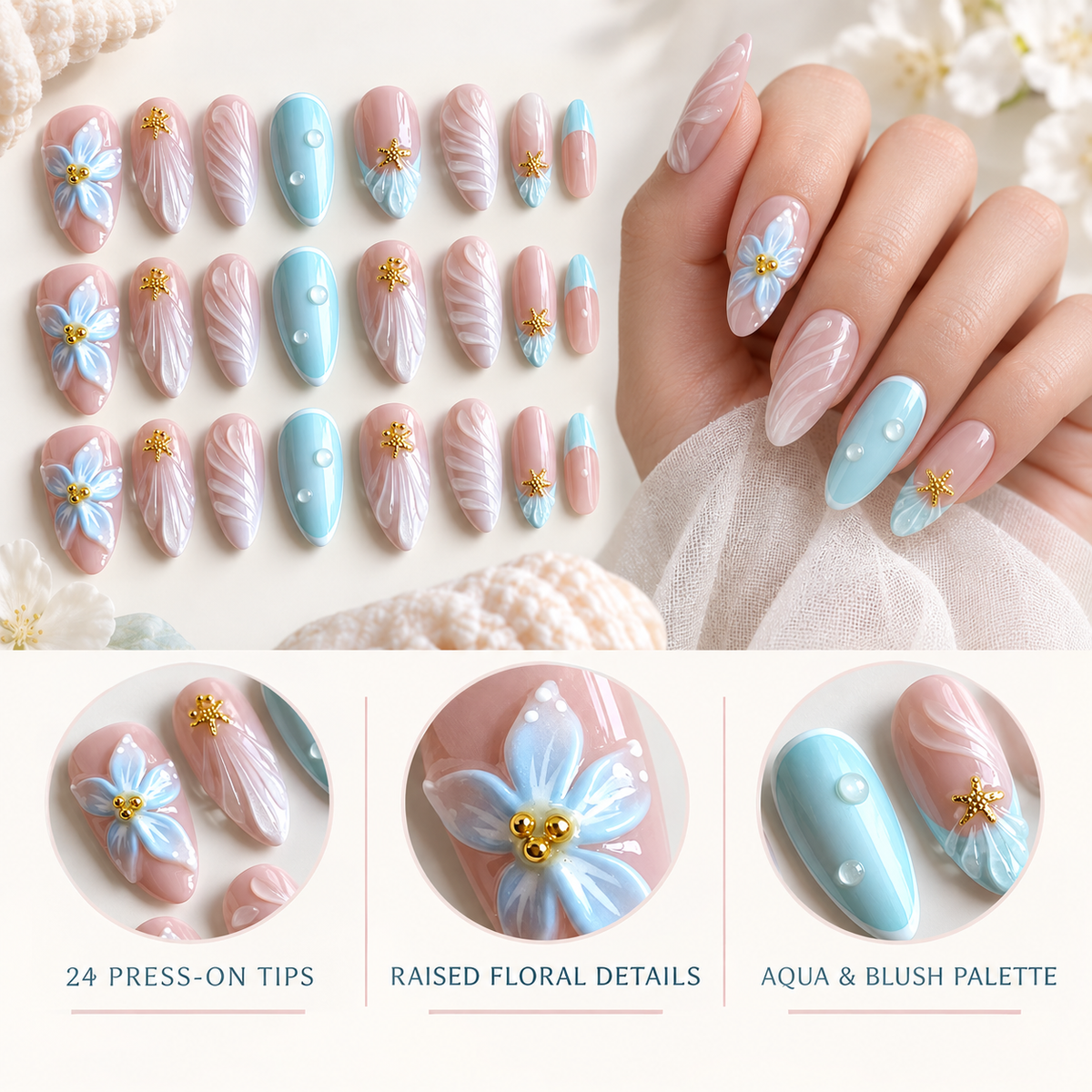 Blue Island Floral Starfish Press On Nail Set