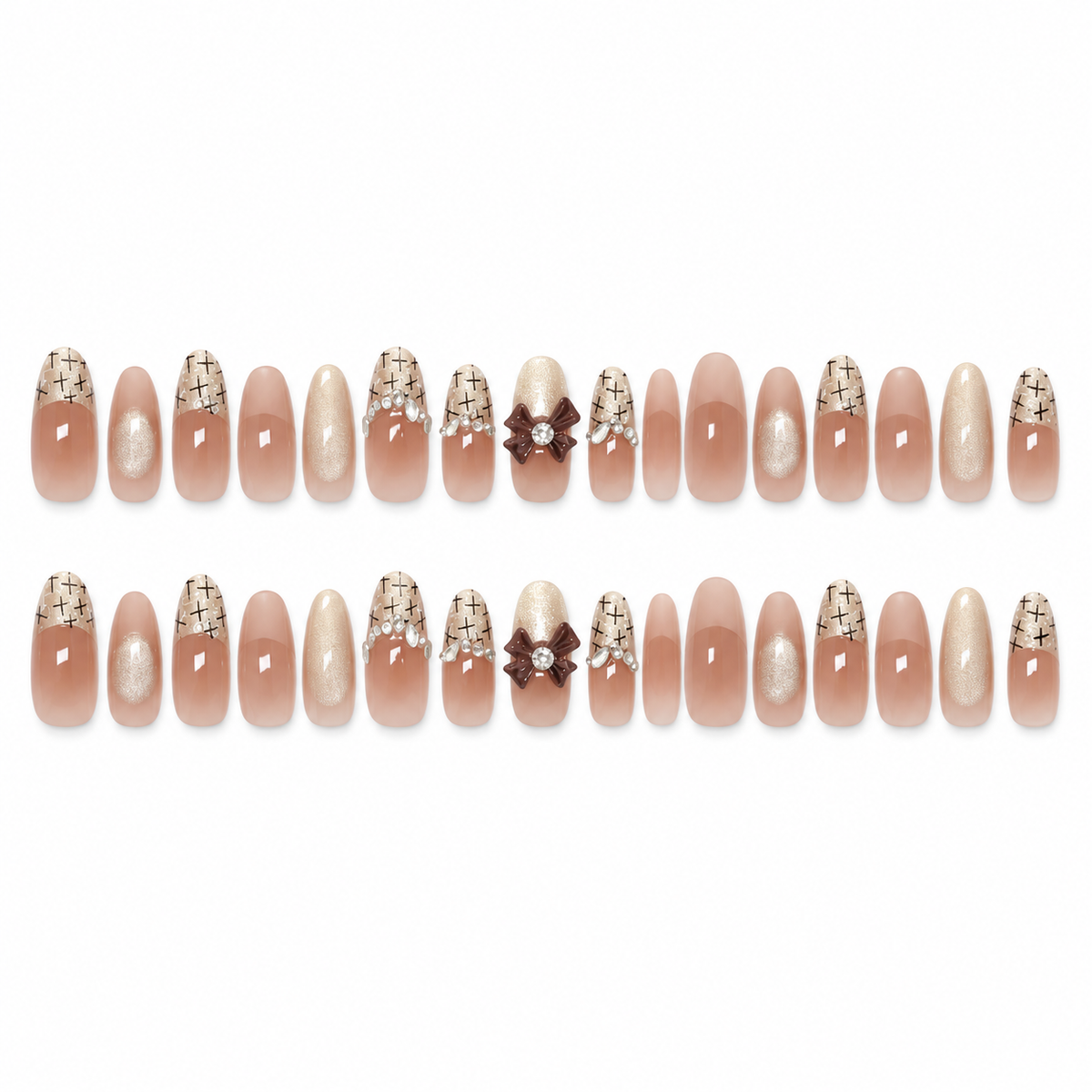 Blush Cat Eye Bow Crystal Press On Nail Set
