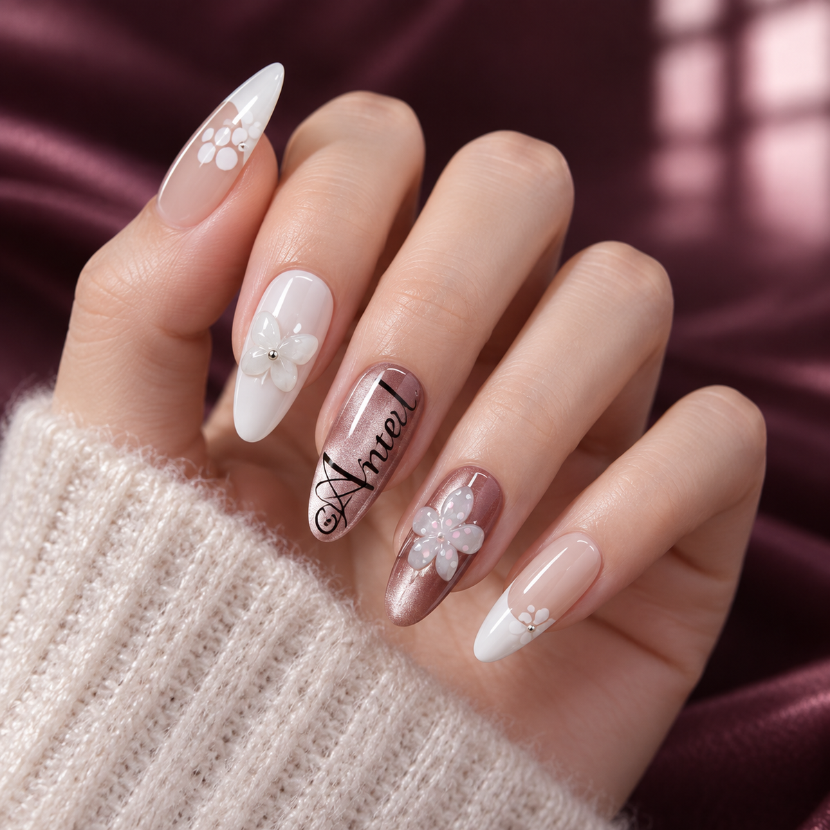 Red Brown Floral Cat Eye Press On Nail Set