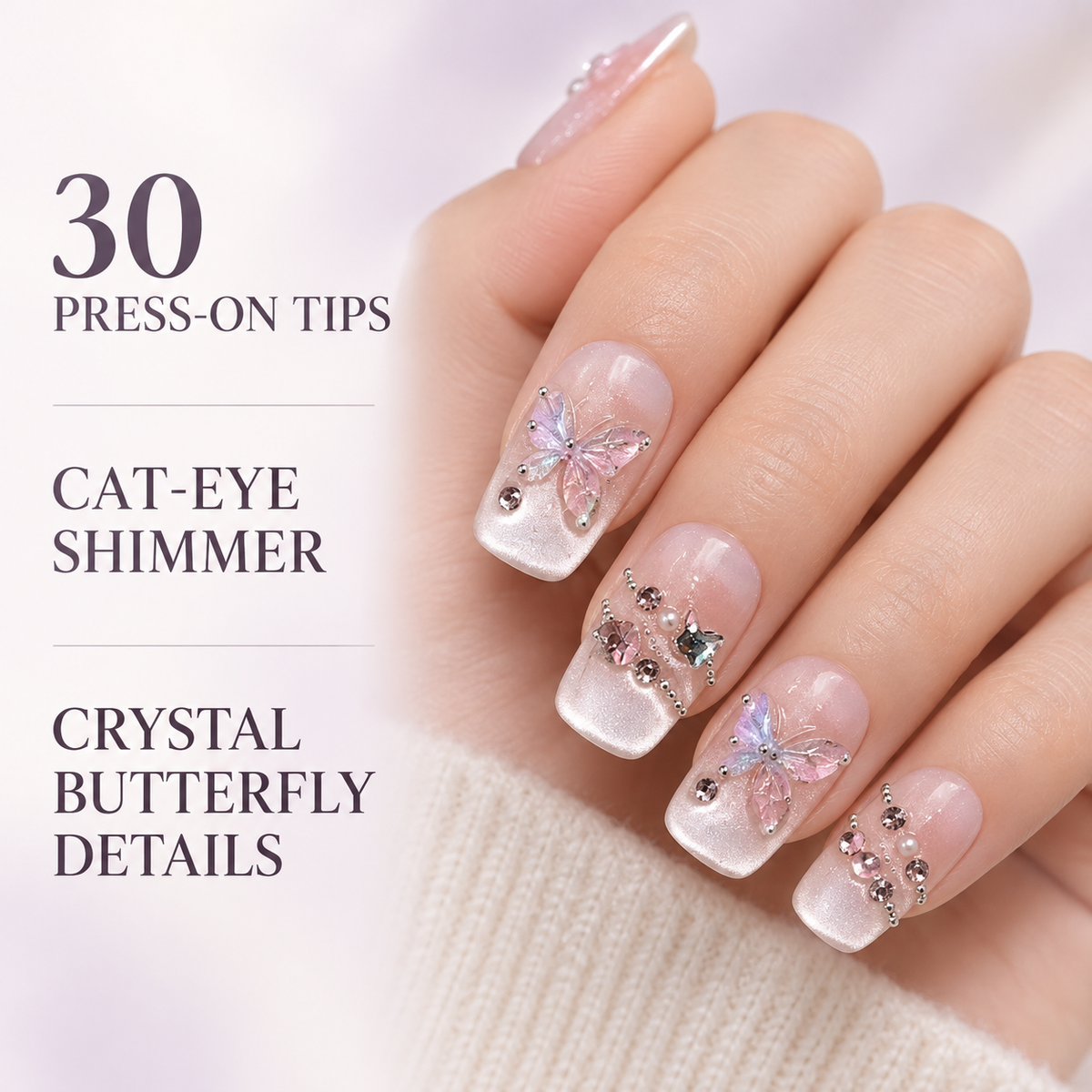 Ice Crystal Butterfly Cat Eye Press On Nail Set