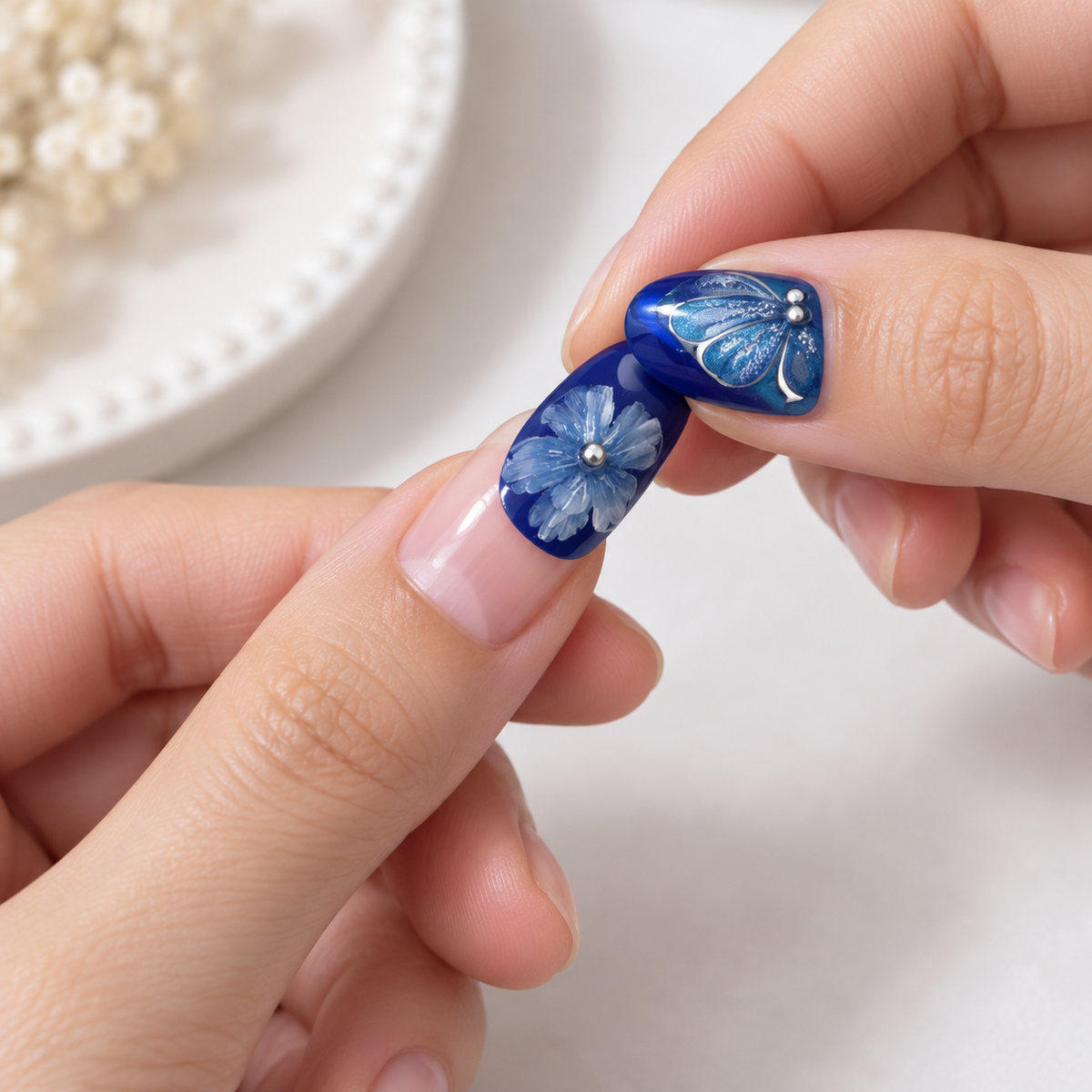Deep Blue Floral Butterfly Pearl Press On Nail Set