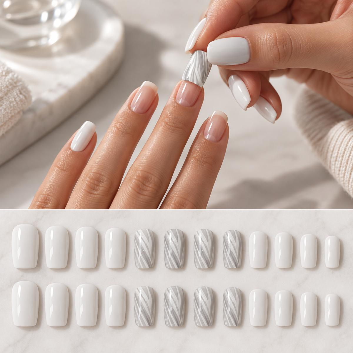 Gray White Woodgrain Hills Press On Nail Set