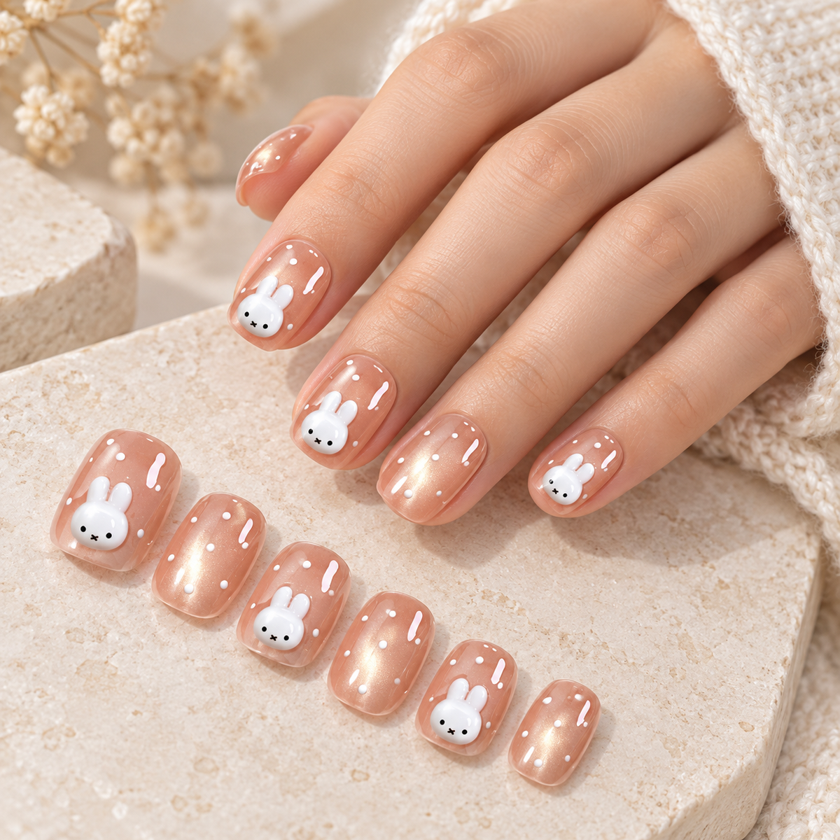 Creamy Bunny Polka Dot Cat Eye Press On Nail Set
