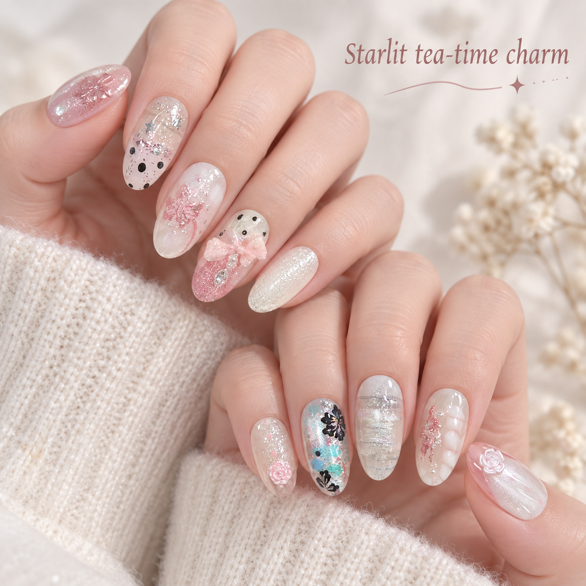 Misty Pink White Tea Pearl Press On Nail Set
