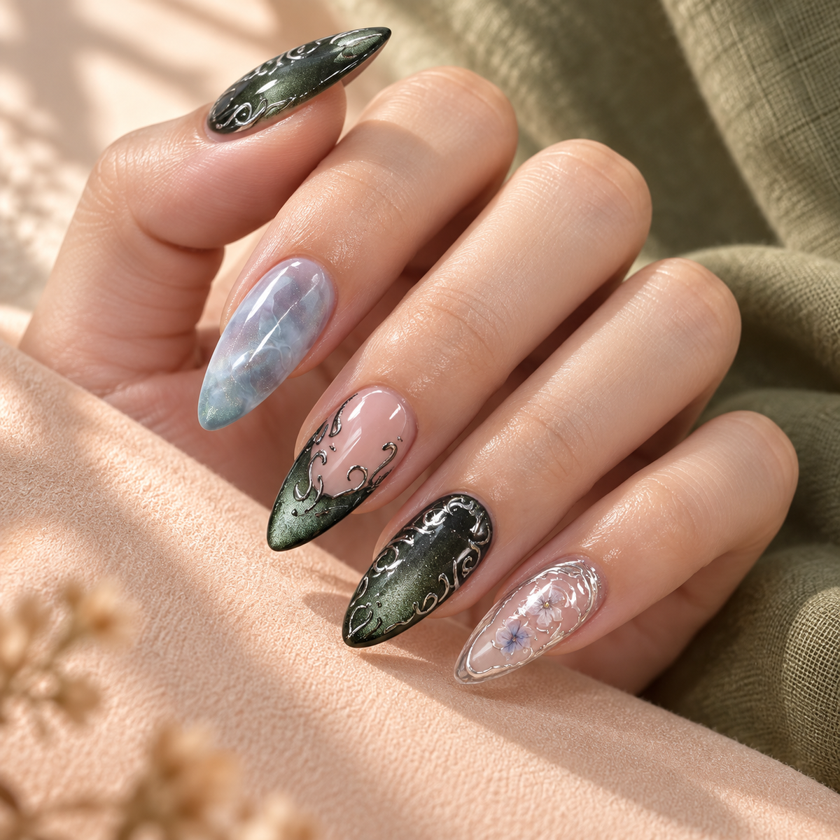 Olive Green Peach Tea Cat Eye Press On Nail Set