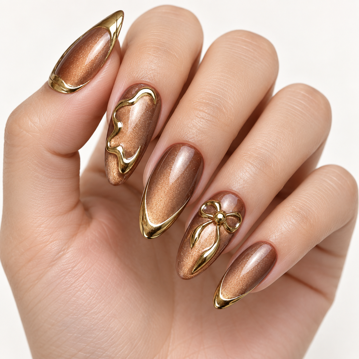 Gilded Mirage Cat Eye Bow Press On Nail Set